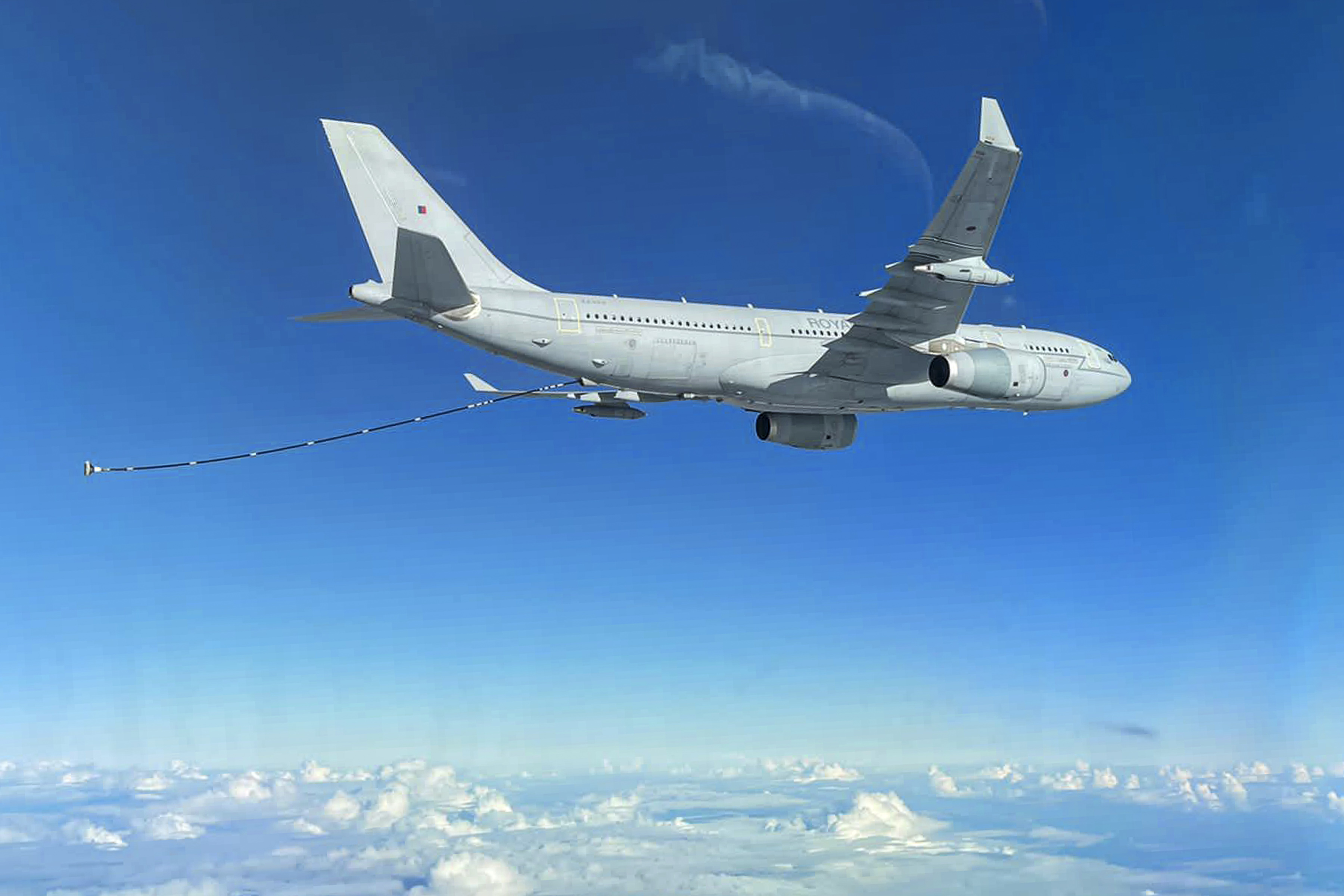 Image shows Voyager transport aircraft in flight during air to air refuelling.